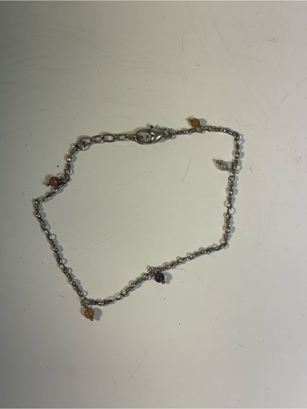 Delicate Silver Chain Anklet with Multicolored Gem Charms